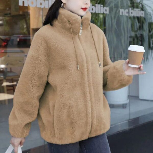 stand collar two sided velvet thick faux fur tan coat for women