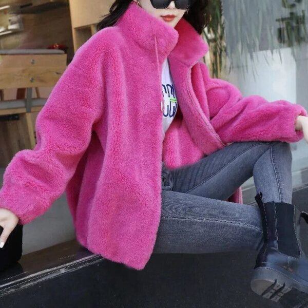 stand collar two sided velvet thick faux fur pink coat for women