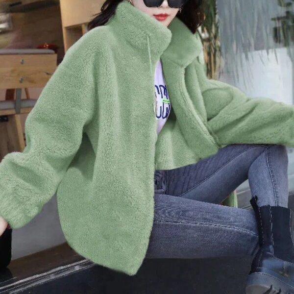 stand collar two sided velvet thick faux fur green coat for women