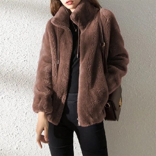 stand collar two sided velvet thick faux fur brown coat for women