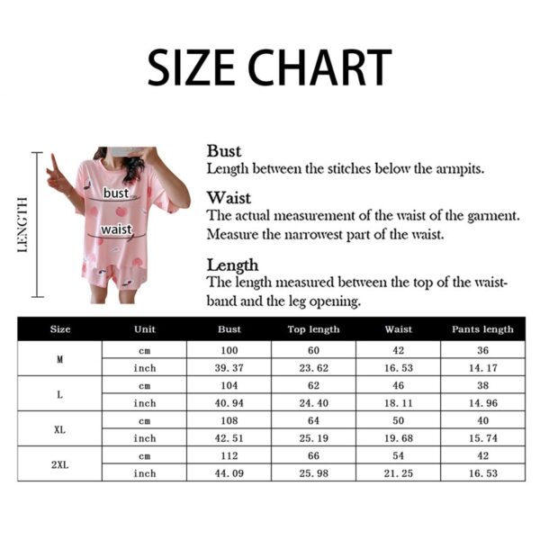 women's cartoon printed short sleeve pajamas set size chart