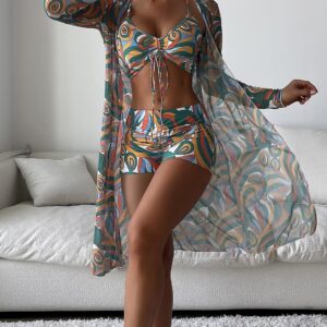 3 Pieces Sexy High-Waist Print Bikini with Cover-Up