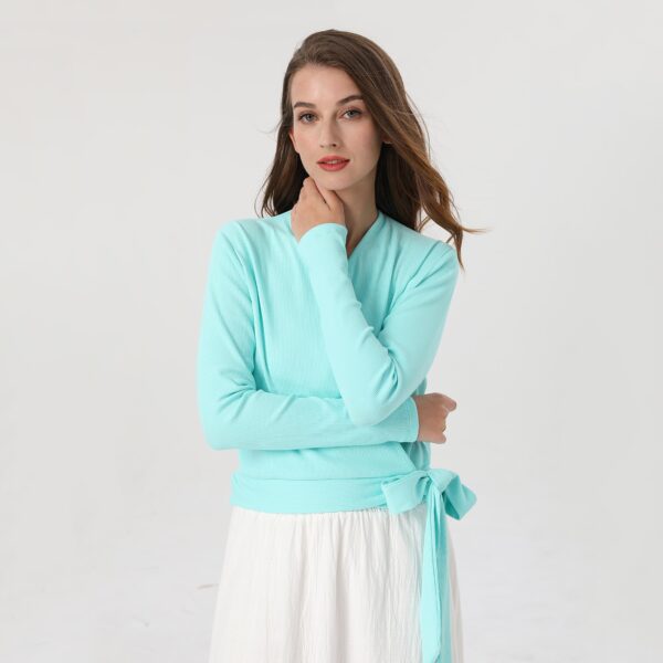 blue wrap ribbed tie long sleeve t-shirt top