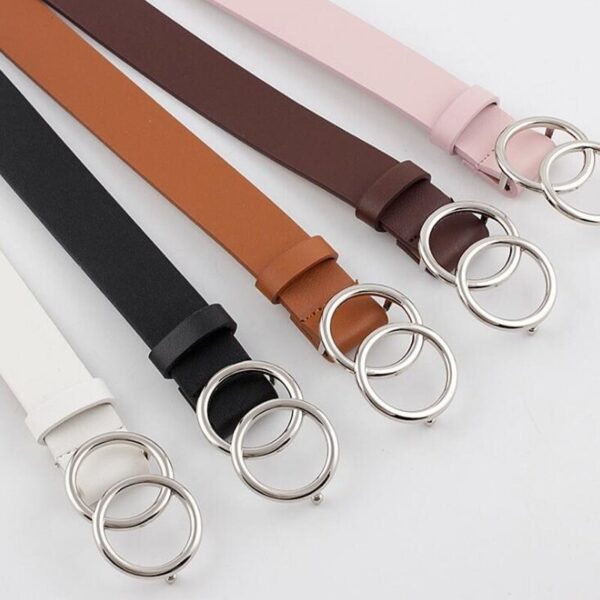 double ring metal buckle pu leather belt for women