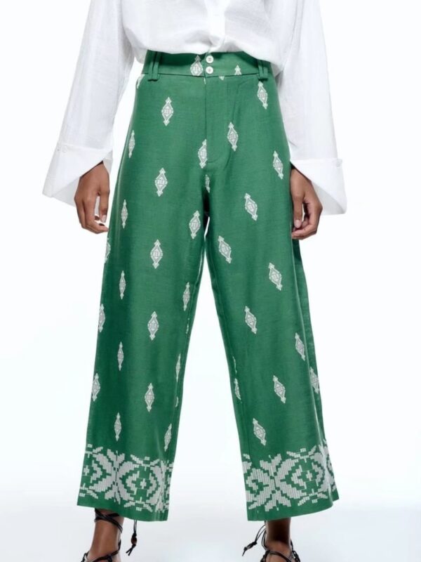 green vintage embroidery linen wide leg pants