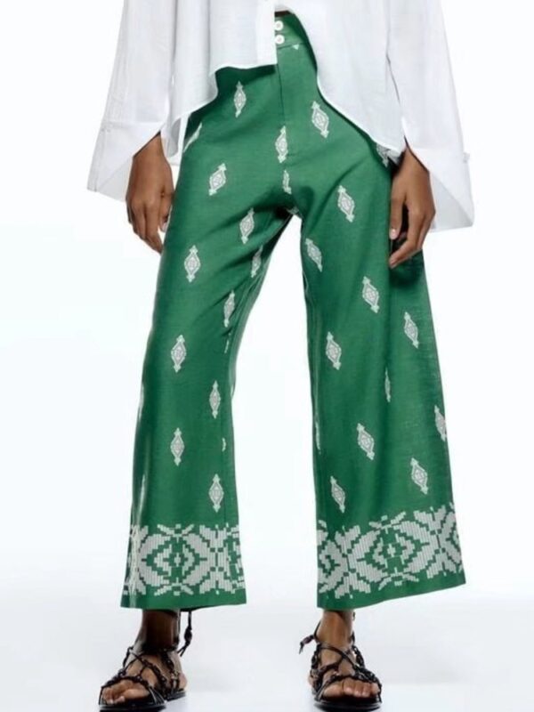 green vintage embroidery linen wide leg pants