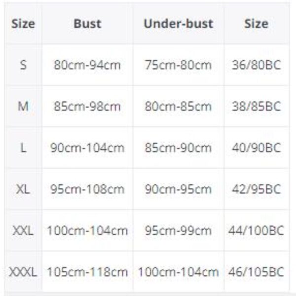 large size thin no steel ring ladies bra size chart
