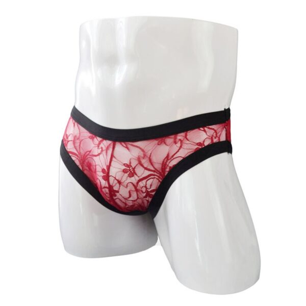 red low waist lace mesh transparent panties for men