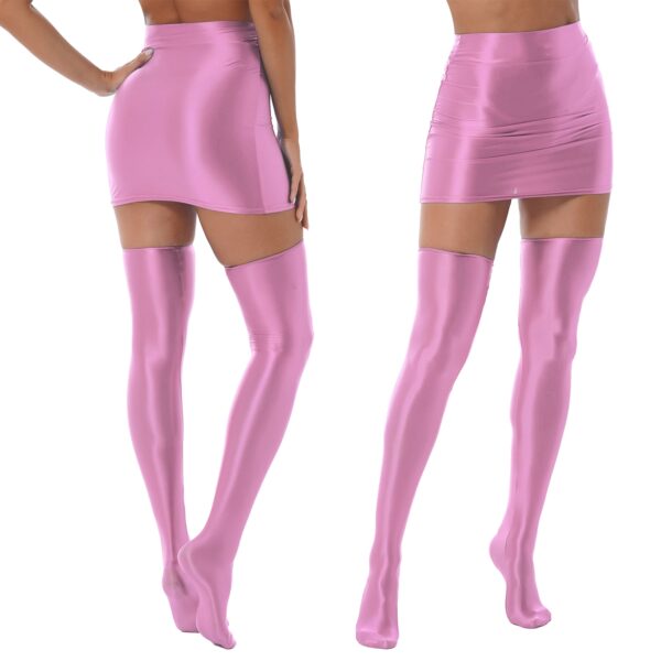 glossy high waist mini skirt with thigh high pair stockings