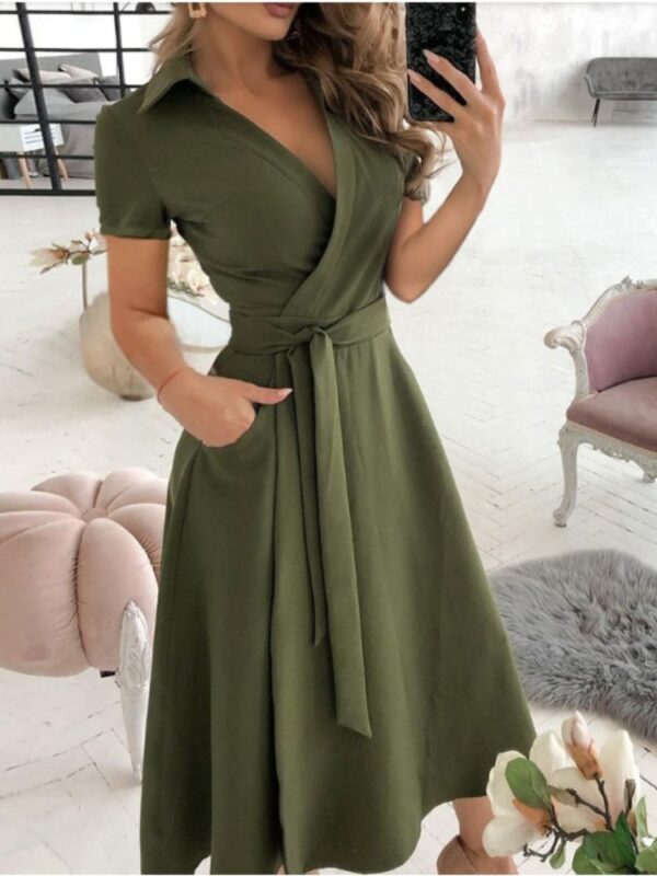 green high waist v-neck printed short sleeved dress
