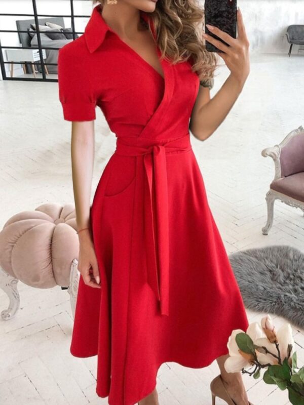 red high waist v-neck printed short sleeved dress