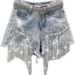 Elegant Tassel Beading High Waist Wide Leg Denim Shorts