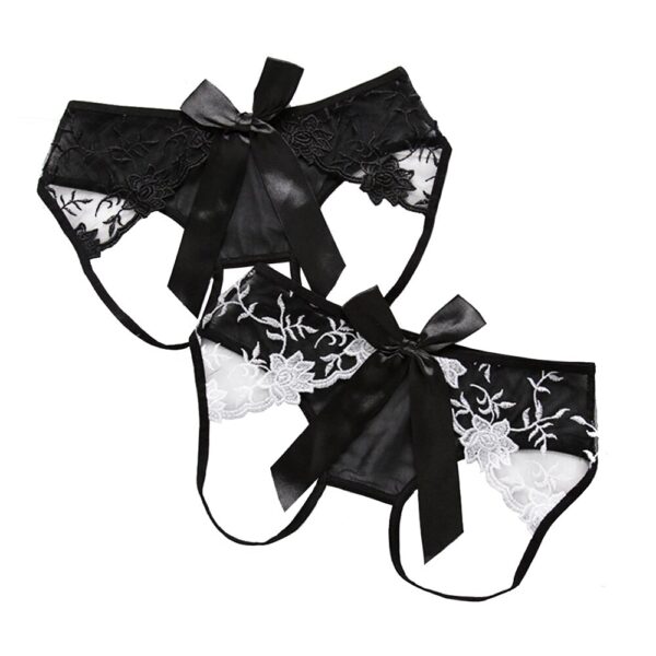 black/white low waist bow, lace, crotchless panties for women