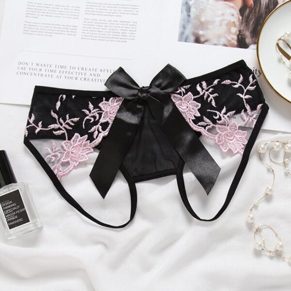 black/pink low waist bow, lace, crotchless panties for women