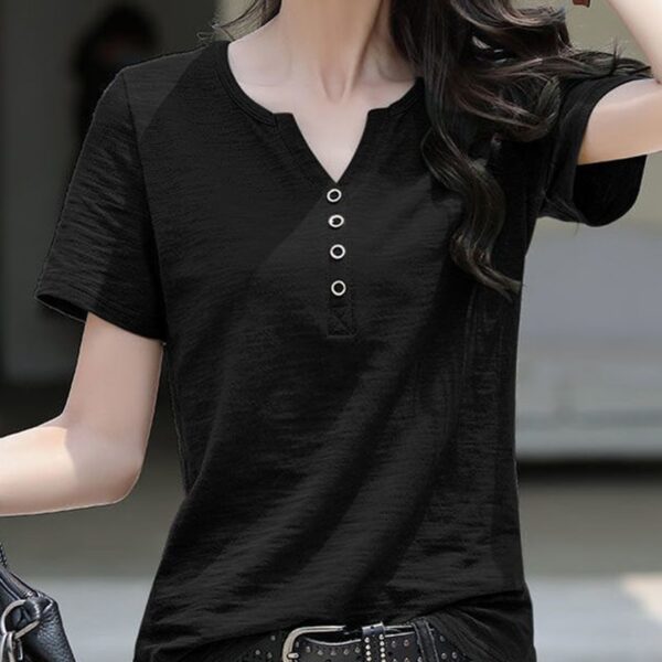 women's black V-neck button t-shirt