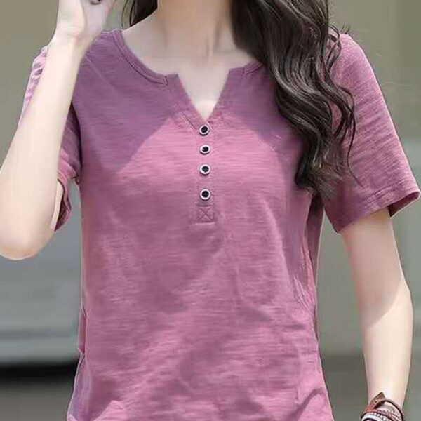 women's V-neck button t-shirt