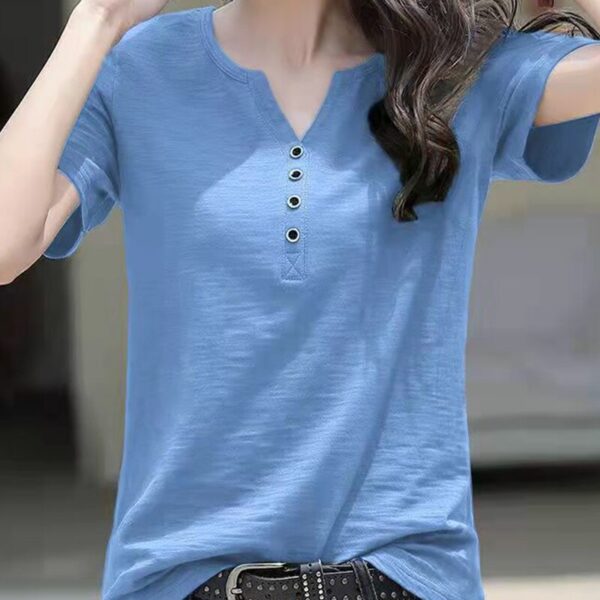 women's blue V-neck button t-shirt