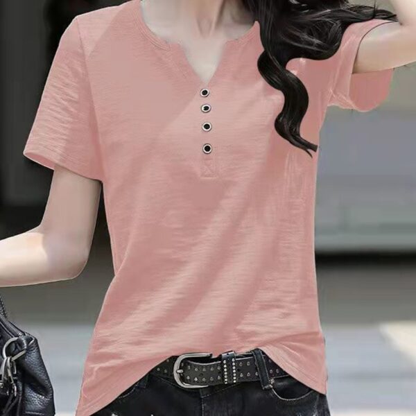 women's pink V-neck button t-shirt