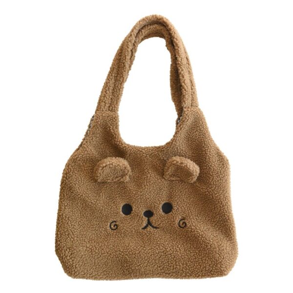 cartoon embroidery soft plush tote bag brown