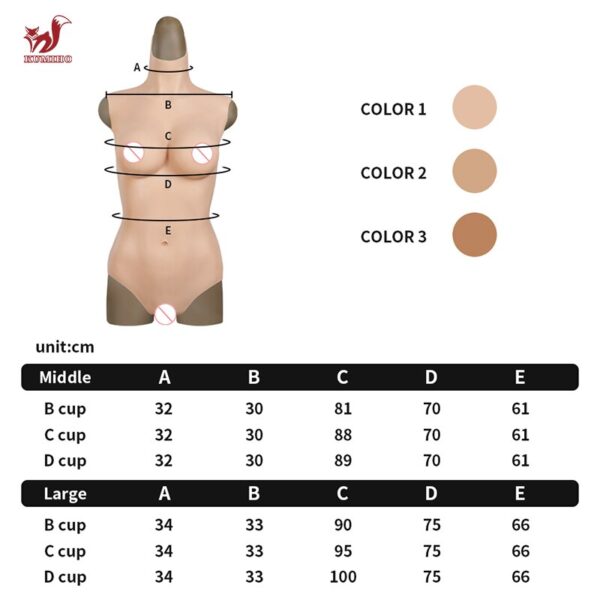 crossdresser silicone bodysuit for male, transgender, shemale size chart