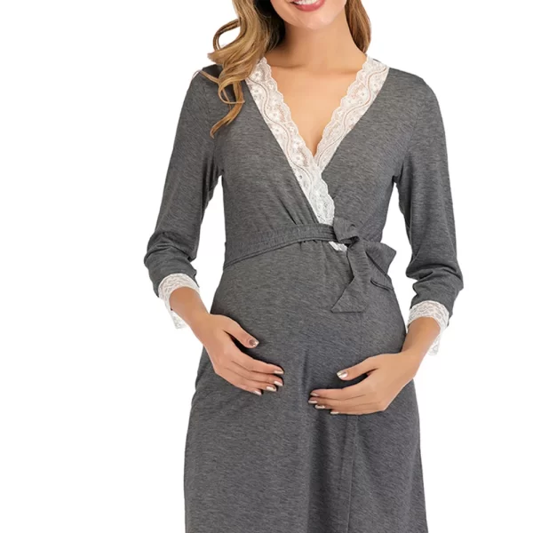 lace trim half sleeve maternity nursing nightgown grey