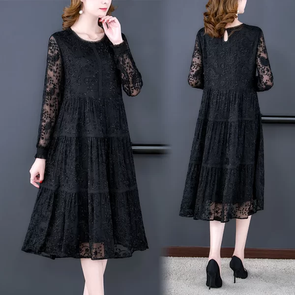 black lace embroidery midi dress
