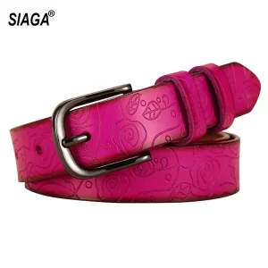 Floral Pattern Rose-Red Genuine Leather Female Belt