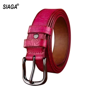 Floral Pattern Rose-Red Genuine Leather Female Belt