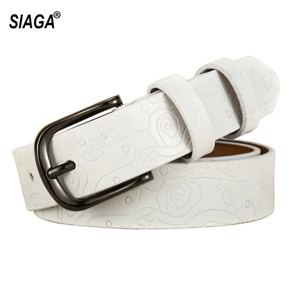floral pattern white genuine leather female belt