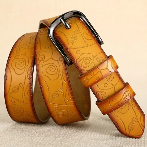 floral pattern yellow genuine leather female belt