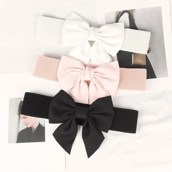 White, Pink, Black Elegant Large Bow Elastic Belts for Women