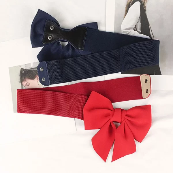 Navy and Red Elegant Large Bow Elastic Belts for Women