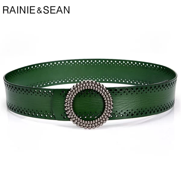 women's green no hole leather belt