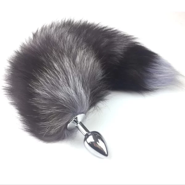 Unisex metal silver anal butt plug with grey fox tail