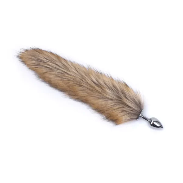Unisex metal silver anal butt plug with brown fox tail