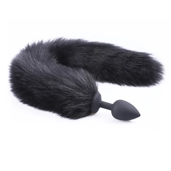 Unisex silicone black anal butt plug with black fox tail