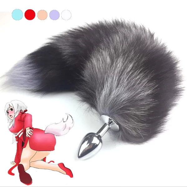 Unisex metal silver anal butt plug with grey fox tail