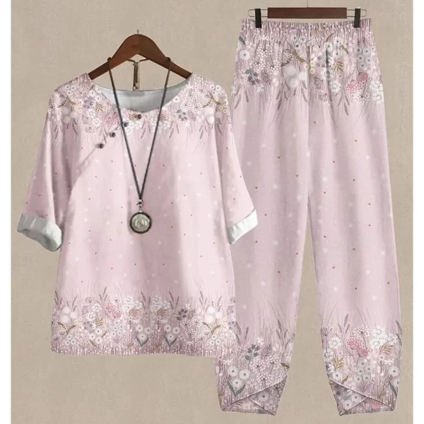 O-Neck Short Sleeve Suit Flower Print Elegant Two-Piece Set