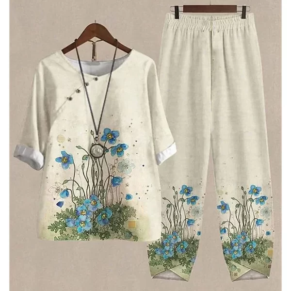 O-Neck Short Sleeve Suit Flower Print Elegant Two-Piece Set