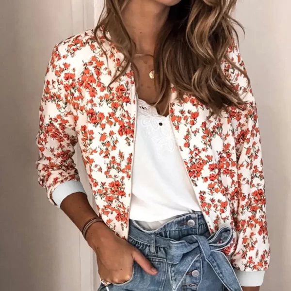 Women's Elegant Floral Printed Zipper Bomber Jacket