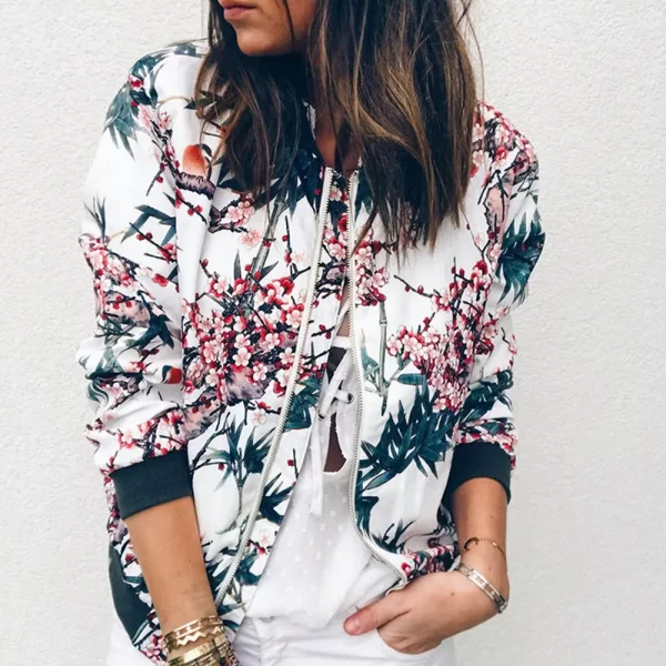 Women's Elegant Floral Printed Zipper Bomber Jacket