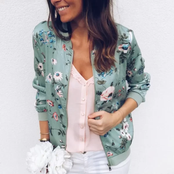 Women's Elegant Floral Printed Zipper Bomber Jacket