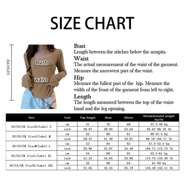 Women's Casual Long-Sleeve O-Neck T-Shirt size chart