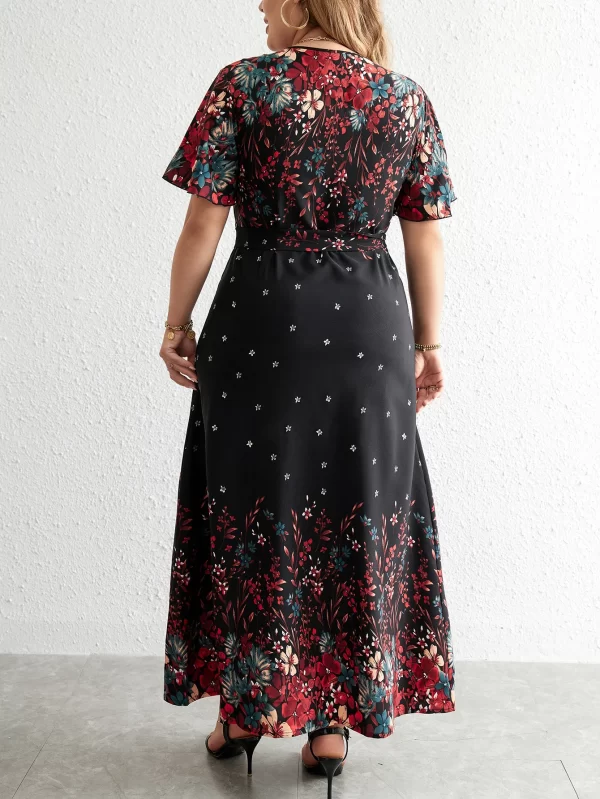 Plus Size Casual V-Neck Short-Sleeve Floral Print Long Dress