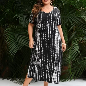 Plus Size V-Neck Short Sleeve Striped Print Casual Maxi Dress