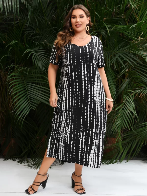 Plus Size V-Neck Short Sleeve Striped Print Casual Maxi Dress