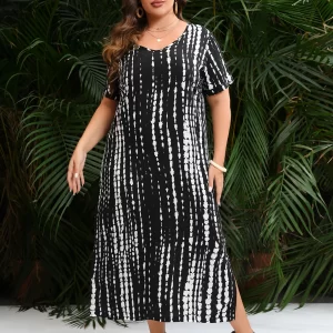 Plus Size V-Neck Short Sleeve Striped Print Casual Maxi Dress