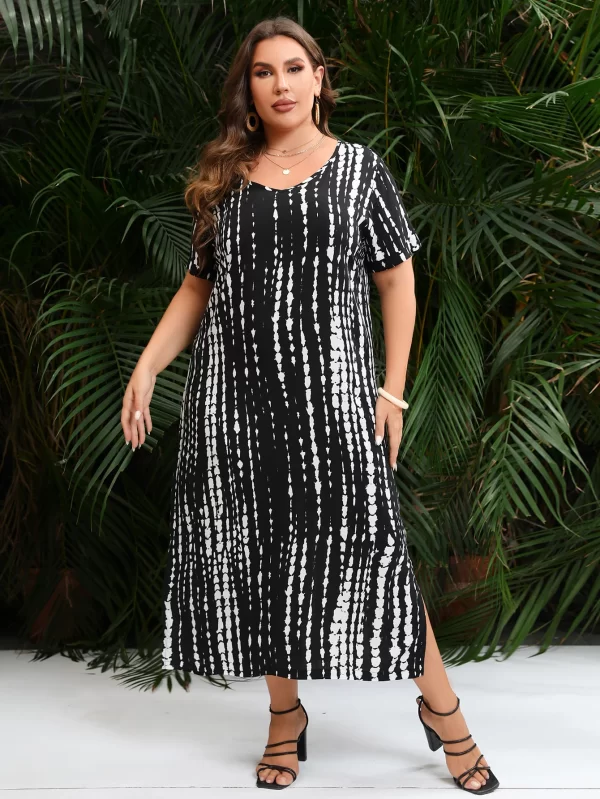 Plus Size V-Neck Short Sleeve Striped Print Casual Maxi Dress