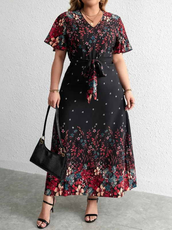 Plus Size Casual V-Neck Short-Sleeve Floral Print Long Dress