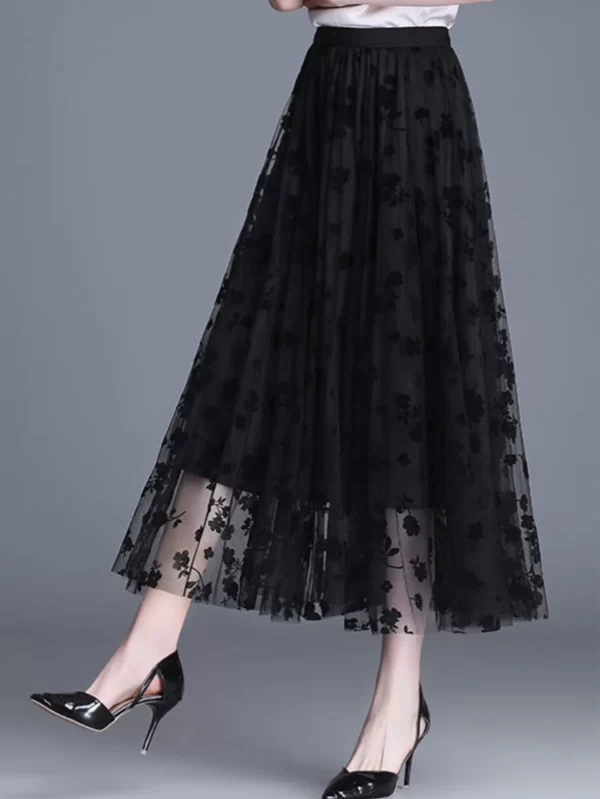 Elastic High-Waist Elegant A-Line Mesh Floral Skirt